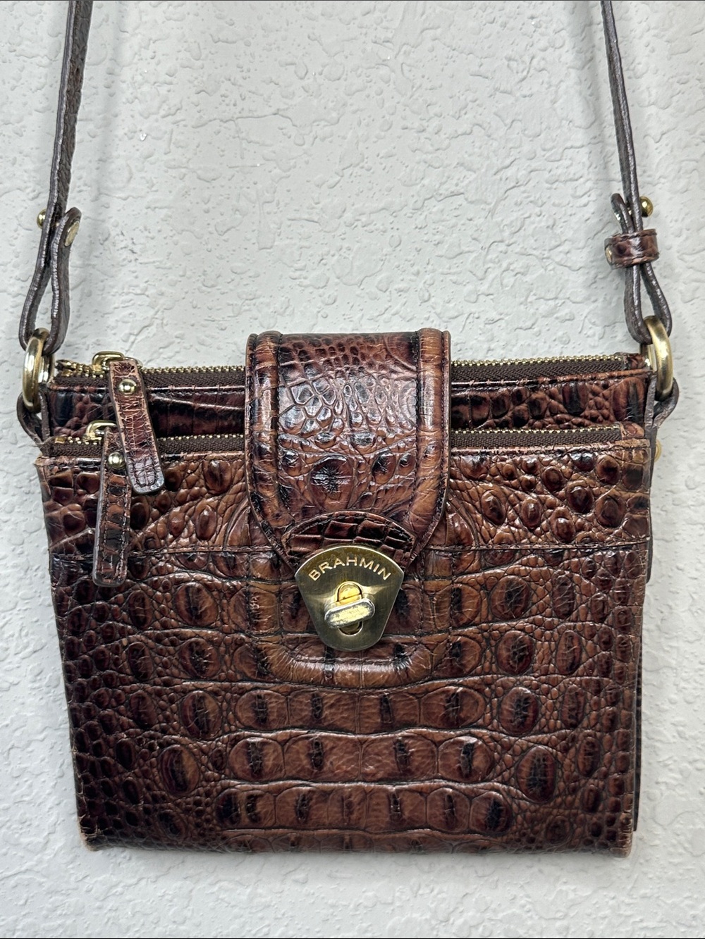 Brahman Mojito‎ Pecan Melbourne Croc Embossed Leather Crossbody Bag